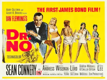 Pôster original de "007 contra o Satânico Dr. No", mostrando o personagem James Bond à esquerda, e à direita, as quatro personagens femininas que aparecem no filme.